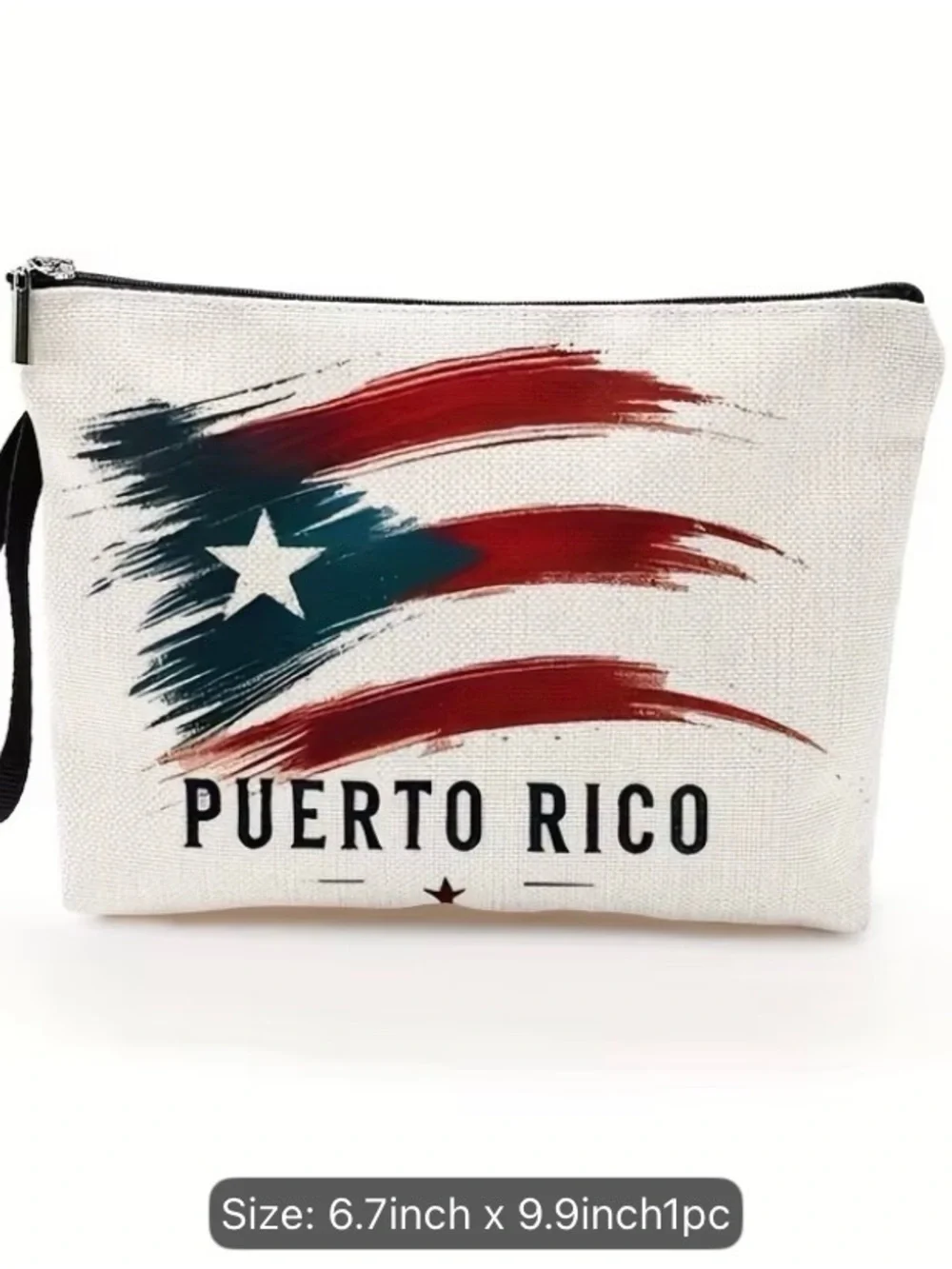 Puerto Rico Canvas Cosmetic Bag - White with Red & Blue Flag Design